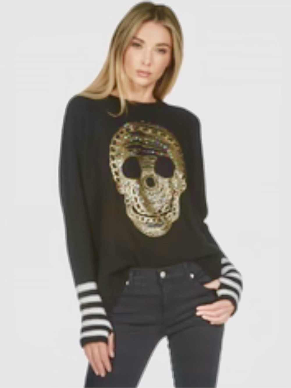 Lauren Moshi/Black 100% Cashmere/ Embellished Skull Sweater with Striped Sleeves